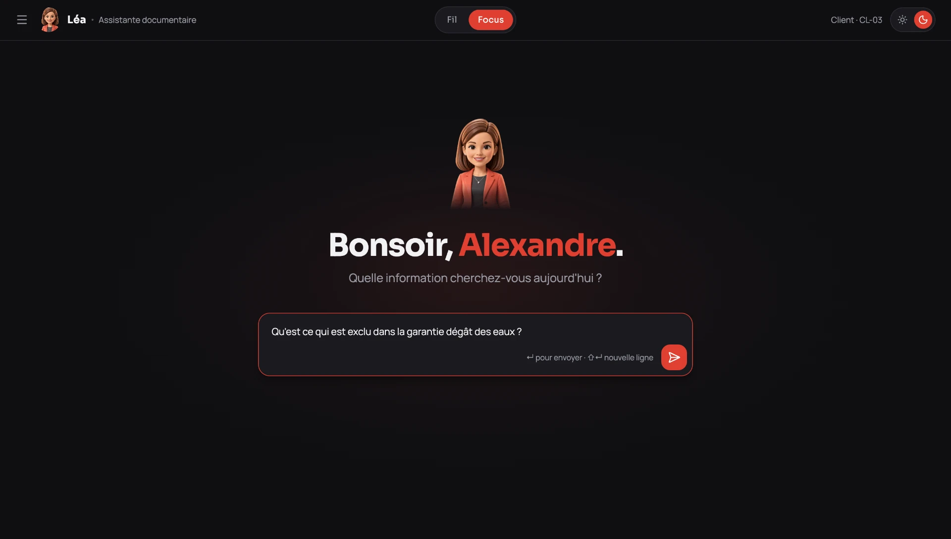 Interface Léa — assistant documentaire Knowledgia, écran d'accueil avec champ de question